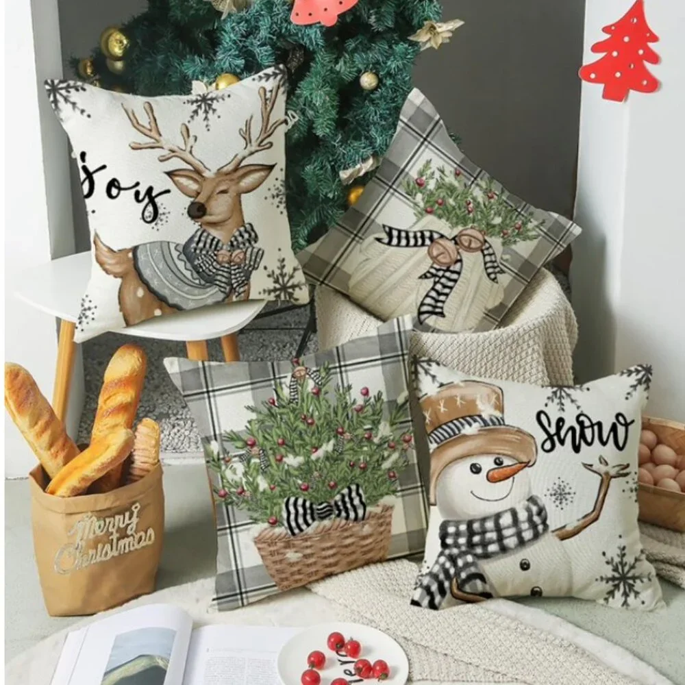 NEW SET OF 4 CHRISTMAS COTTON LINEN BLEND CHRISTMAS SEASONAL PILLOW COVERS 18